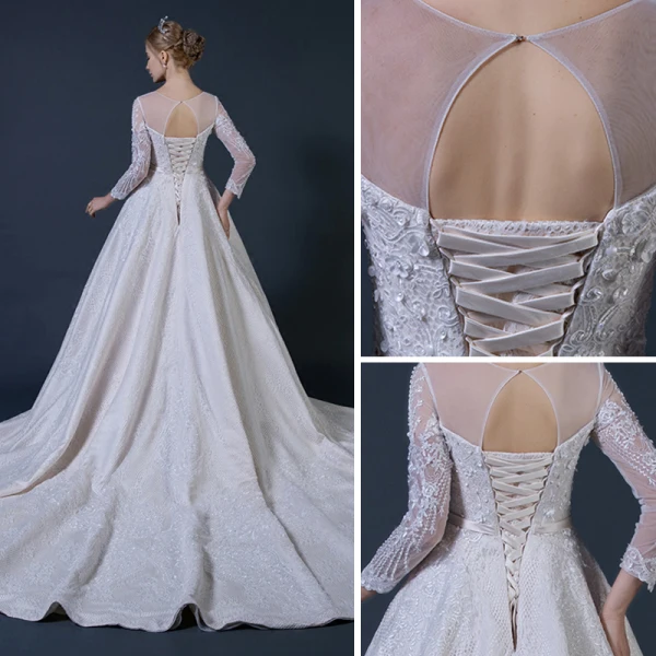 Luxury / Gorgeous Champagne Pierced Wedding Dresses 2018 A-Line / Princess Scoop Neck Long Sleeve Backless Beading Appliques Lace Bow Sash Ruffle Cathedral Train