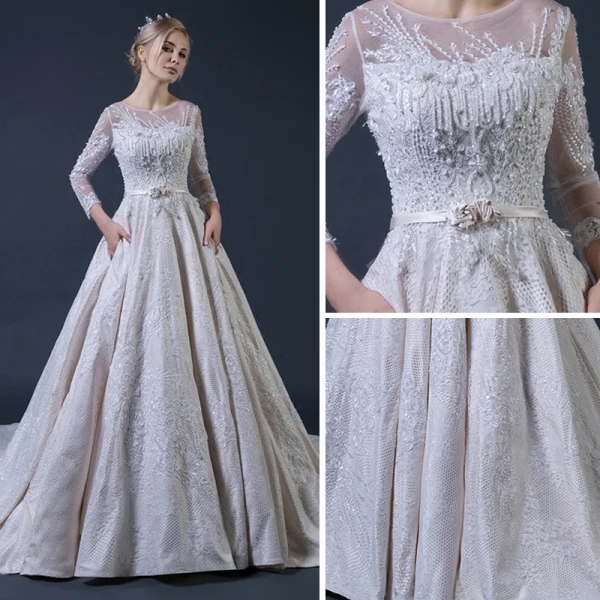 Luxury / Gorgeous Champagne Pierced Wedding Dresses 2018 A-Line / Princess Scoop Neck Long Sleeve Backless Beading Appliques Lace Bow Sash Ruffle Cathedral Train