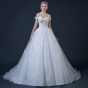 Affordable White Wedding Dresses 2018 Ball Gown Off The Shoulder Short Sleeve Backless Beading Appliques Lace Glitter Tulle Ruffle Chapel Train