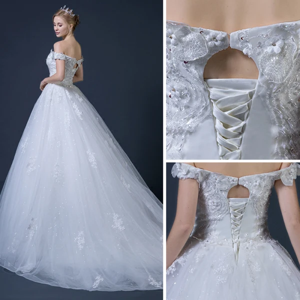 Erschwinglich Weiß Brautkleider 2018 Ballkleid Off Shoulder Kurze Ärmel Rückenfreies Perlenstickerei Applikationen Mit Spitze Glanz Tülle Rüschen Kapelle-Schleppe