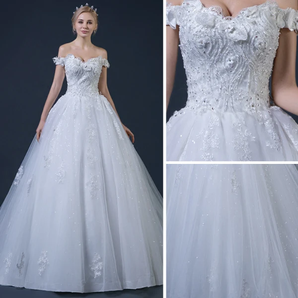 Erschwinglich Weiß Brautkleider 2018 Ballkleid Off Shoulder Kurze Ärmel Rückenfreies Perlenstickerei Applikationen Mit Spitze Glanz Tülle Rüschen Kapelle-Schleppe