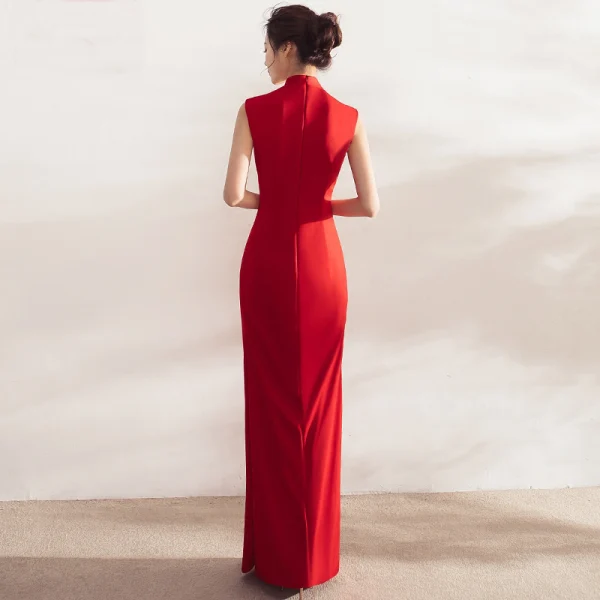 Chinese style Red Evening Dresses 2017 Trumpet / Mermaid High Neck Sleeveless Appliques Flower Crystal Pearl Rhinestone Floor-Length / Long Backless Formal Dresses