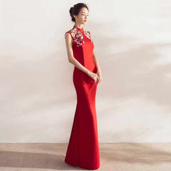 Chinese style Red Evening Dresses 2017 Trumpet / Mermaid High Neck Sleeveless Appliques Flower Crystal Pearl Rhinestone Floor-Length / Long Backless Formal Dresses