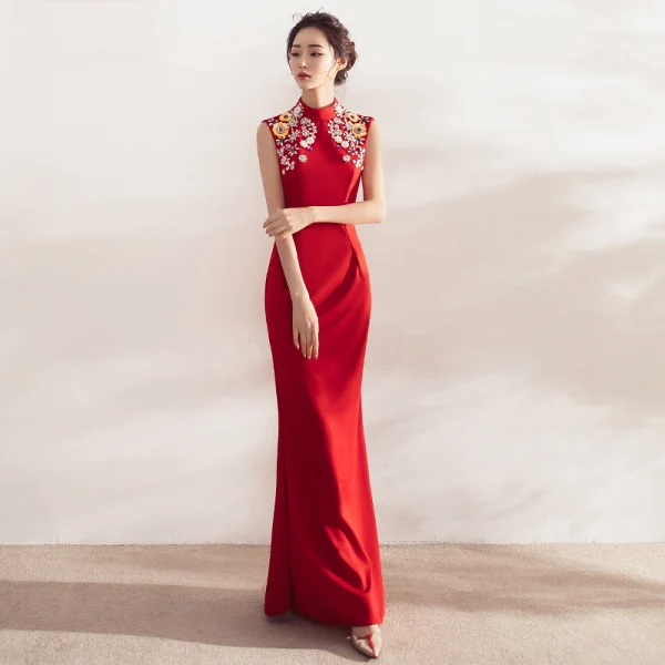 Chinese style Red Evening Dresses 2017 Trumpet / Mermaid High Neck Sleeveless Appliques Flower Crystal Pearl Rhinestone Floor-Length / Long Backless Formal Dresses