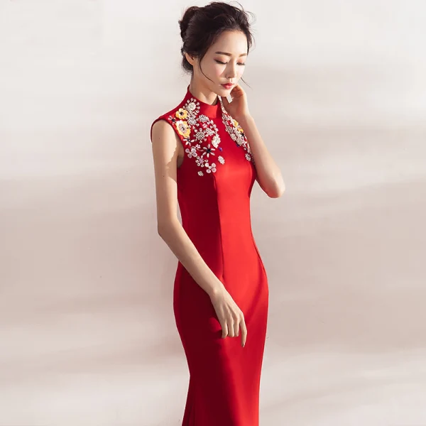 Chinese style Red Evening Dresses 2017 Trumpet / Mermaid High Neck Sleeveless Appliques Flower Crystal Pearl Rhinestone Floor-Length / Long Backless Formal Dresses