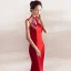 Chinese style Red Evening Dresses  2017 Trumpet / Mermaid High Neck Sleeveless Appliques Flower Crystal Pearl Rhinestone Floor-Length / Long Backless Formal Dresses