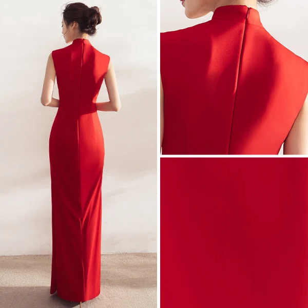 Chinese style Red Evening Dresses 2017 Trumpet / Mermaid High Neck Sleeveless Appliques Flower Crystal Pearl Rhinestone Floor-Length / Long Backless Formal Dresses
