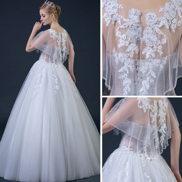 Abordable Blanche Transparentes Robe De Mariée Avec Châle 2018 Robe Boule Encolure Dégagée Dos Nu Appliques Percé En Dentelle Perlage Volants Longue