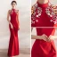 Chinese style Red Evening Dresses  2017 Trumpet / Mermaid High Neck Sleeveless Appliques Flower Crystal Pearl Rhinestone Floor-Length / Long Backless Formal Dresses