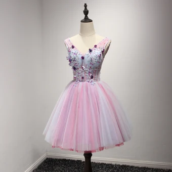 Chic Beautiful Blushing Pink Party Dresses 2017 Ball Gown V Neck Sleeveless Appliques Lace Flower Beading Crystal Sequins Short Ruffle Backless Formal Dresses