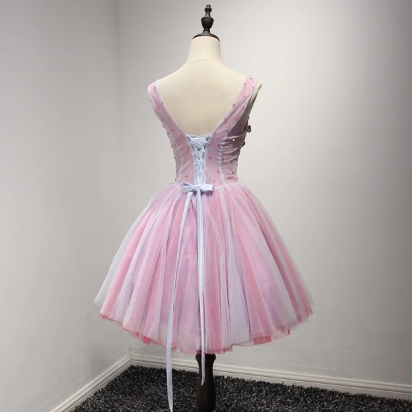 Chic / Belle Rougissant Rose Robe De Fete 2017 Robe Boule V-Cou Sans Manches Appliques En Dentelle Fleur Perlage Cristal Paillettes Courte Volants Dos Nu Robe De Ceremonie