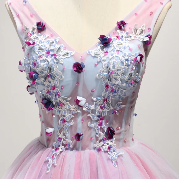 Chic / Belle Rougissant Rose Robe De Fete 2017 Robe Boule V-Cou Sans Manches Appliques En Dentelle Fleur Perlage Cristal Paillettes Courte Volants Dos Nu Robe De Ceremonie