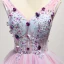 Chic / Belle Rougissant Rose Robe De Fete 2017 Robe Boule V-Cou Sans Manches Appliques En Dentelle Fleur Perlage Cristal Paillettes Courte Volants Dos Nu Robe De Ceremonie