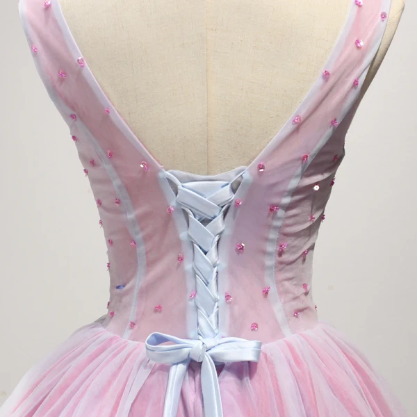Chic / Belle Rougissant Rose Robe De Fete 2017 Robe Boule V-Cou Sans Manches Appliques En Dentelle Fleur Perlage Cristal Paillettes Courte Volants Dos Nu Robe De Ceremonie