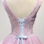 Chic / Belle Rougissant Rose Robe De Fete 2017 Robe Boule V-Cou Sans Manches Appliques En Dentelle Fleur Perlage Cristal Paillettes Courte Volants Dos Nu Robe De Ceremonie