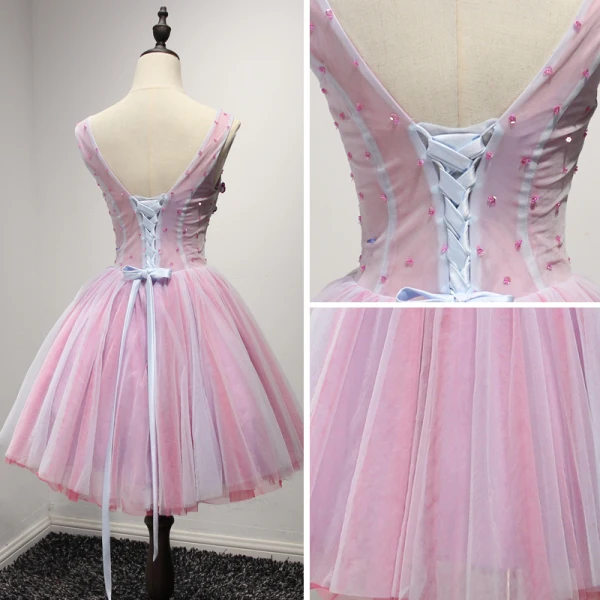 Chic / Belle Rougissant Rose Robe De Fete 2017 Robe Boule V-Cou Sans Manches Appliques En Dentelle Fleur Perlage Cristal Paillettes Courte Volants Dos Nu Robe De Ceremonie