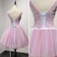 Chic / Belle Rougissant Rose Robe De Fete 2017 Robe Boule V-Cou Sans Manches Appliques En Dentelle Fleur Perlage Cristal Paillettes Courte Volants Dos Nu Robe De Ceremonie