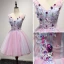 Chic / Belle Rougissant Rose Robe De Fete 2017 Robe Boule V-Cou Sans Manches Appliques En Dentelle Fleur Perlage Cristal Paillettes Courte Volants Dos Nu Robe De Ceremonie