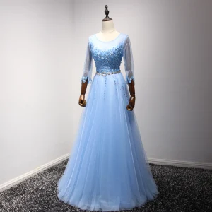 Chic Belle Bleu Robe De Soirée 2017 Princesse Encolure Dégagée 3 4 Manches Appliques Fleur Perle Paillettes Faux Diamant Perlage Métal Ceinture Longue Volants Dos Nu Robe De Ceremonie
