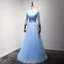 Chic / Belle Bleu Robe De Soirée 2017 Princesse Encolure Dégagée 3/4 Manches Appliques Fleur Perle Paillettes Faux Diamant Perlage Métal Ceinture Longue Volants Dos Nu Robe De Ceremonie