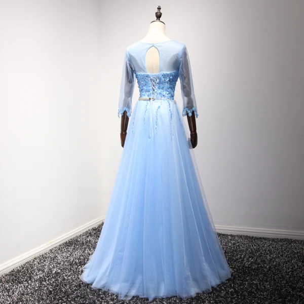 Chic / Belle Bleu Robe De Soirée 2017 Princesse Encolure Dégagée 3/4 Manches Appliques Fleur Perle Paillettes Faux Diamant Perlage Métal Ceinture Longue Volants Dos Nu Robe De Ceremonie