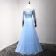 Chic / Belle Bleu Robe De Soirée 2017 Princesse Encolure Dégagée 3/4 Manches Appliques Fleur Perle Paillettes Faux Diamant Perlage Métal Ceinture Longue Volants Dos Nu Robe De Ceremonie