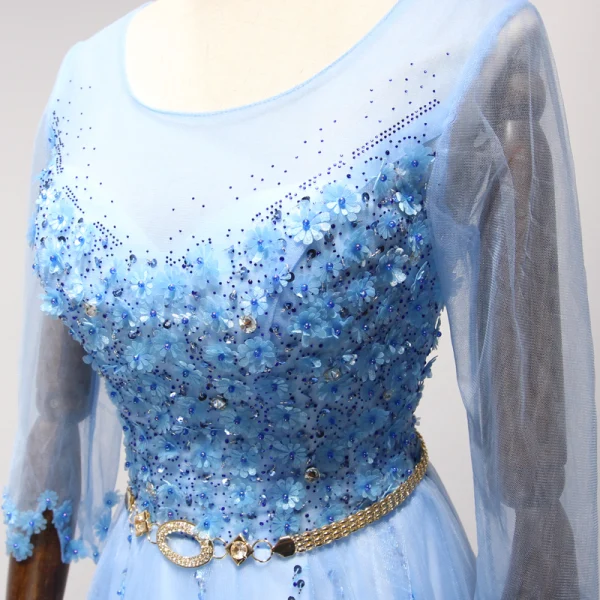 Chic / Belle Bleu Robe De Soirée 2017 Princesse Encolure Dégagée 3/4 Manches Appliques Fleur Perle Paillettes Faux Diamant Perlage Métal Ceinture Longue Volants Dos Nu Robe De Ceremonie