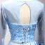 Chic / Belle Bleu Robe De Soirée 2017 Princesse Encolure Dégagée 3/4 Manches Appliques Fleur Perle Paillettes Faux Diamant Perlage Métal Ceinture Longue Volants Dos Nu Robe De Ceremonie