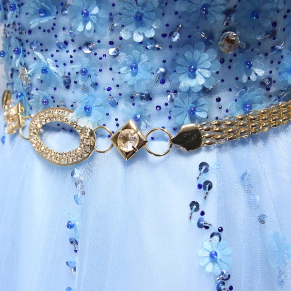 Chic / Belle Bleu Robe De Soirée 2017 Princesse Encolure Dégagée 3/4 Manches Appliques Fleur Perle Paillettes Faux Diamant Perlage Métal Ceinture Longue Volants Dos Nu Robe De Ceremonie