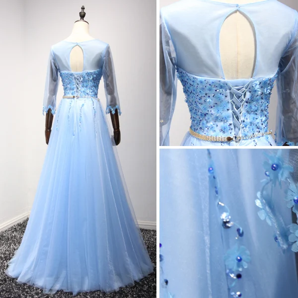 Chic / Belle Bleu Robe De Soirée 2017 Princesse Encolure Dégagée 3/4 Manches Appliques Fleur Perle Paillettes Faux Diamant Perlage Métal Ceinture Longue Volants Dos Nu Robe De Ceremonie