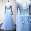 Chic / Belle Bleu Robe De Soirée 2017 Princesse Encolure Dégagée 3/4 Manches Appliques Fleur Perle Paillettes Faux Diamant Perlage Métal Ceinture Longue Volants Dos Nu Robe De Ceremonie
