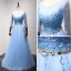 Chic / Belle Bleu Robe De Soirée 2017 Princesse Encolure Dégagée 3/4 Manches Appliques Fleur Perle Paillettes Faux Diamant Perlage Métal Ceinture Longue Volants Dos Nu Robe De Ceremonie