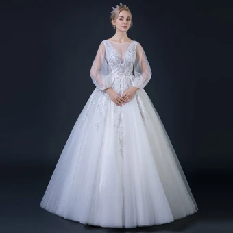 Abordable Blanche Transparentes Robe De Mariée 2018 Robe Boule V Cou Manches Longues Dos Nu Appliques En Dentelle Faux Diamant Perlage Volants Longue