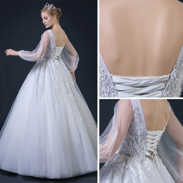 Abordable Blanche Transparentes Robe De Mariée 2018 Robe Boule V-Cou Manches Longues Dos Nu Appliques En Dentelle Faux Diamant Perlage Volants Longue