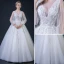 Abordable Blanche Transparentes Robe De Mariée 2018 Robe Boule V-Cou Manches Longues Dos Nu Appliques En Dentelle Faux Diamant Perlage Volants Longue