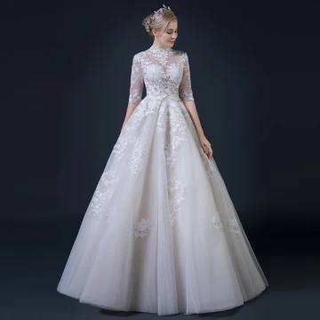 Illusion Champagne Percé Robe De Mariée 2018 Princesse Col Haut 1 2 Manches Appliques En Dentelle Volants Longue