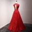 Chic / Beautiful Red Evening Dresses  2017 A-Line / Princess Amazing / Unique V-Neck Sleeveless Beading Lace Crystal Pearl Bow Sash Floor-Length / Long Ruffle Backless Formal Dresses