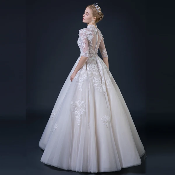 Illusion Champagne Pierced Wedding Dresses 2018 A-Line / Princess High Neck 1/2 Sleeves Appliques Lace Ruffle Floor-Length / Long