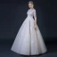 Illusion Champagne Pierced Wedding Dresses 2018 A-Line / Princess High Neck 1/2 Sleeves Appliques Lace Ruffle Floor-Length / Long