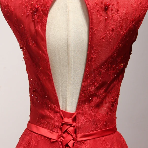 Chic / Beautiful Red Evening Dresses 2017 A-Line / Princess Amazing / Unique V-Neck Sleeveless Beading Lace Crystal Pearl Bow Sash Floor-Length / Long Ruffle Backless Formal Dresses