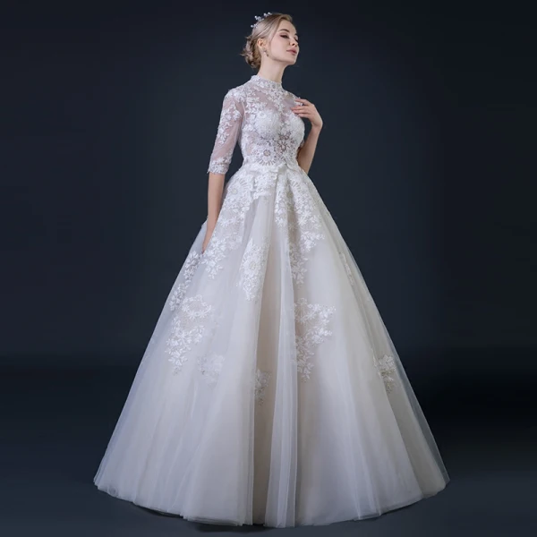 Illusion Champagne Pierced Wedding Dresses 2018 A-Line / Princess High Neck 1/2 Sleeves Appliques Lace Ruffle Floor-Length / Long
