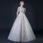 Illusion Champagne Pierced Wedding Dresses 2018 A-Line / Princess High Neck 1/2 Sleeves Appliques Lace Ruffle Floor-Length / Long