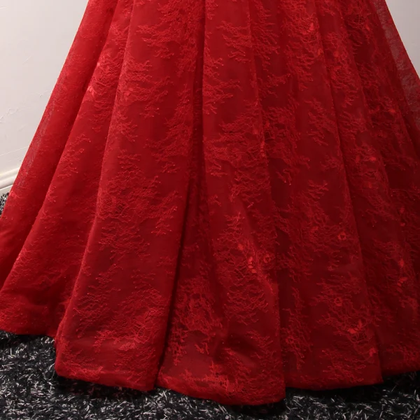 Chic / Beautiful Red Evening Dresses 2017 A-Line / Princess Amazing / Unique V-Neck Sleeveless Beading Lace Crystal Pearl Bow Sash Floor-Length / Long Ruffle Backless Formal Dresses