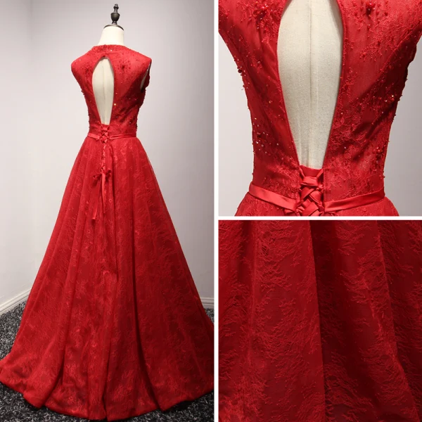 Chic / Beautiful Red Evening Dresses 2017 A-Line / Princess Amazing / Unique V-Neck Sleeveless Beading Lace Crystal Pearl Bow Sash Floor-Length / Long Ruffle Backless Formal Dresses