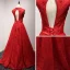 Chic / Beautiful Red Evening Dresses  2017 A-Line / Princess Amazing / Unique V-Neck Sleeveless Beading Lace Crystal Pearl Bow Sash Floor-Length / Long Ruffle Backless Formal Dresses