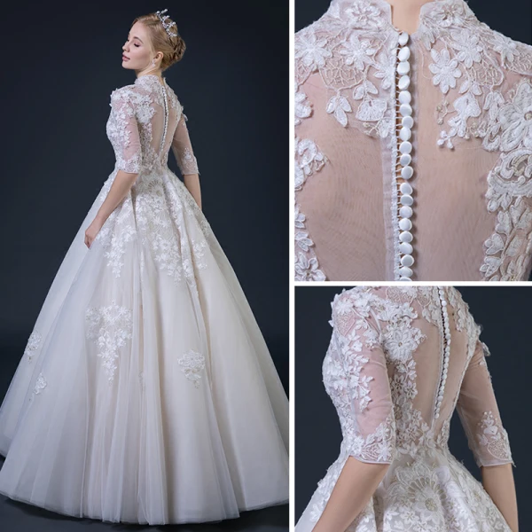Illusion Champagne Pierced Wedding Dresses 2018 A-Line / Princess High Neck 1/2 Sleeves Appliques Lace Ruffle Floor-Length / Long