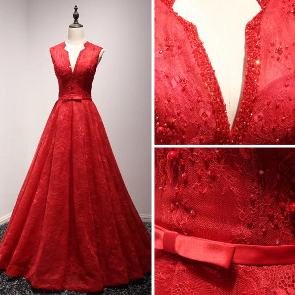Chic / Beautiful Red Evening Dresses 2017 A-Line / Princess Amazing / Unique V-Neck Sleeveless Beading Lace Crystal Pearl Bow Sash Floor-Length / Long Ruffle Backless Formal Dresses
