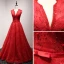 Chic / Beautiful Red Evening Dresses  2017 A-Line / Princess Amazing / Unique V-Neck Sleeveless Beading Lace Crystal Pearl Bow Sash Floor-Length / Long Ruffle Backless Formal Dresses