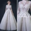 Illusion Champagne Pierced Wedding Dresses 2018 A-Line / Princess High Neck 1/2 Sleeves Appliques Lace Ruffle Floor-Length / Long