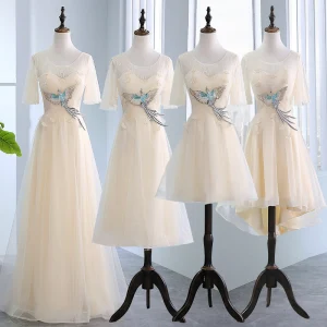Unique Champagne Transparentes Robe Demoiselle D 039 Honneur 2018 Princesse Encolure Dégagée Manches Courtes Appliques En Dentelle Volants Dos Nu Robe Pour Mariage